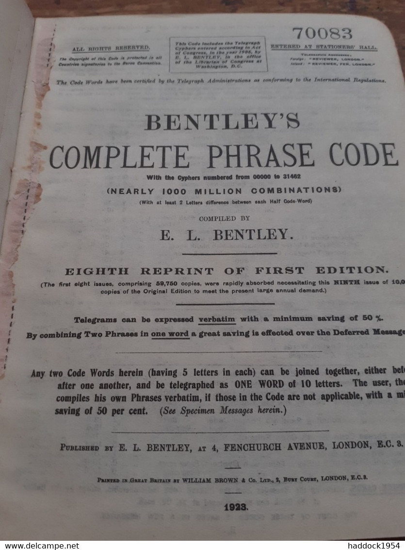 Bentley's Complete Phrase Code Numbered E.L. BENTLEY Bentley 1923 - Sonstige & Ohne Zuordnung
