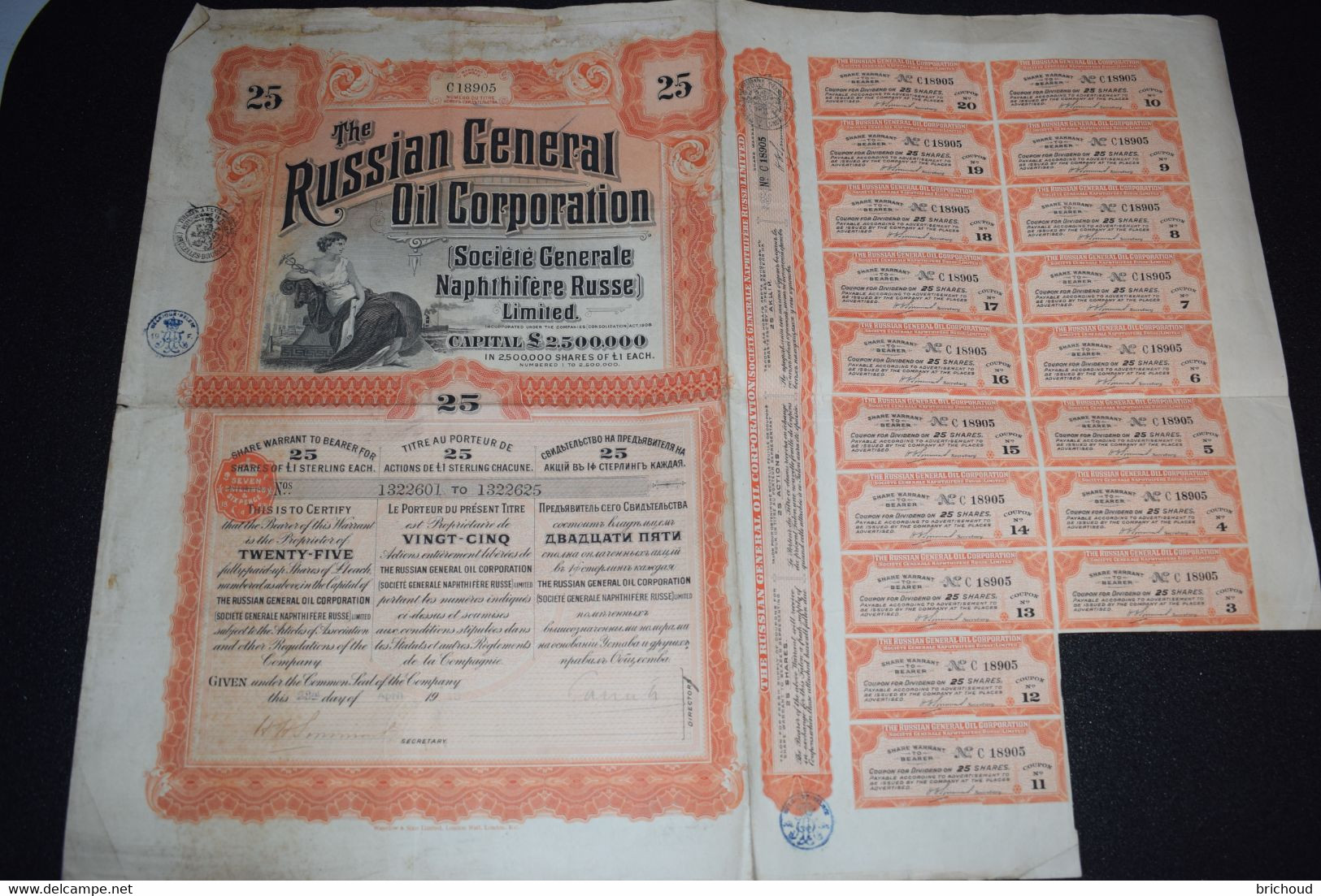 The Russian Général Oil Corporation Société Générale Naphthifère Russe 25 Actions Shares 1913 - Erdöl