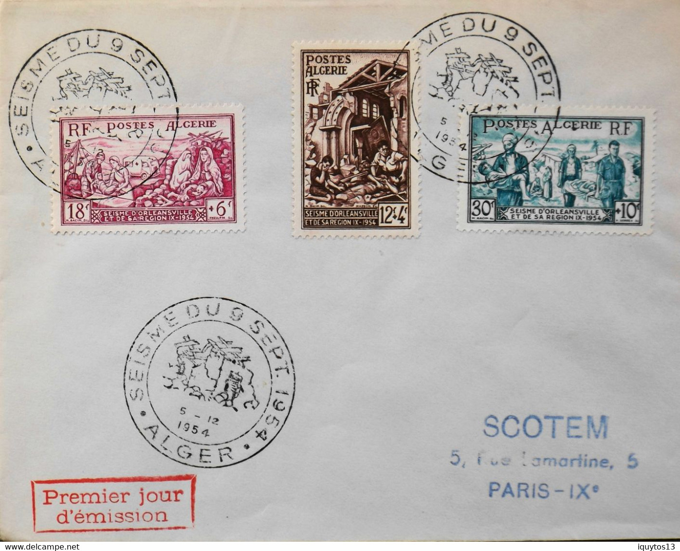 2 Enveloppes 1er Jour ALGERIE 1954 - SEISME Du 9 Septembre Daté Alger Le 5.12.1954 -TBE - FDC