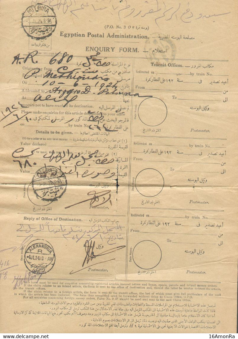 Egyptian Postal Administration ENQUIRY FORM (P.O. N°) From MITBIRA 3 Juil. 1924 + Cds ALEXANDRIA 4 Jul. 1924 - On The Ba - Briefe U. Dokumente