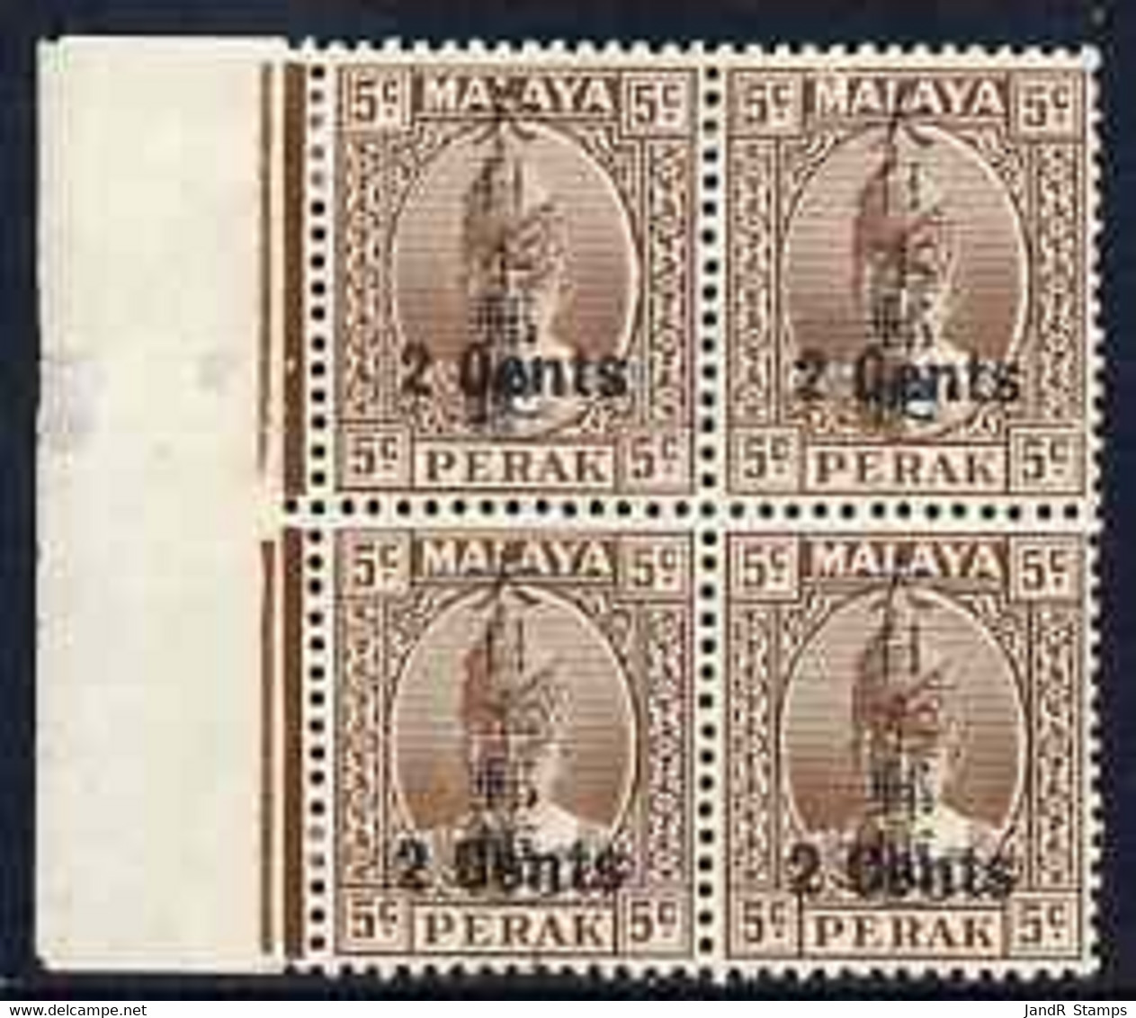 Malaya - Japanese Occupation Perak 1942-44 2c On 5c Brown Marginal Block Of 4, One Stamp With Raised Spacer Giving The I - Malaya (British Military Administration)