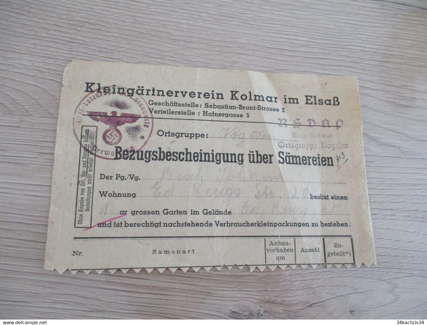 Bezugsbescheinigung über Sämereien Certificat D'achat De Graines Kolmar Colmar  Guerre 39/45 - Dokumente