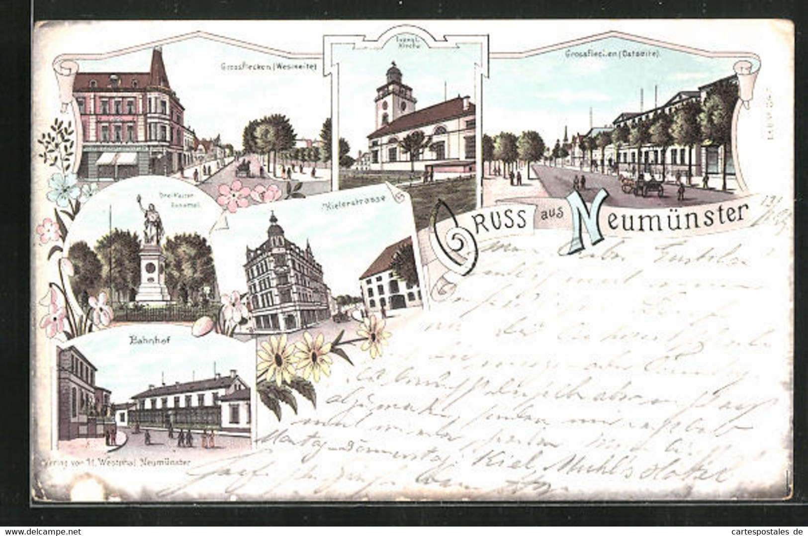 Lithographie Neumünster, Banhof, Drei Kaiser-Denkmal Und Kielerstrasse - Neumünster