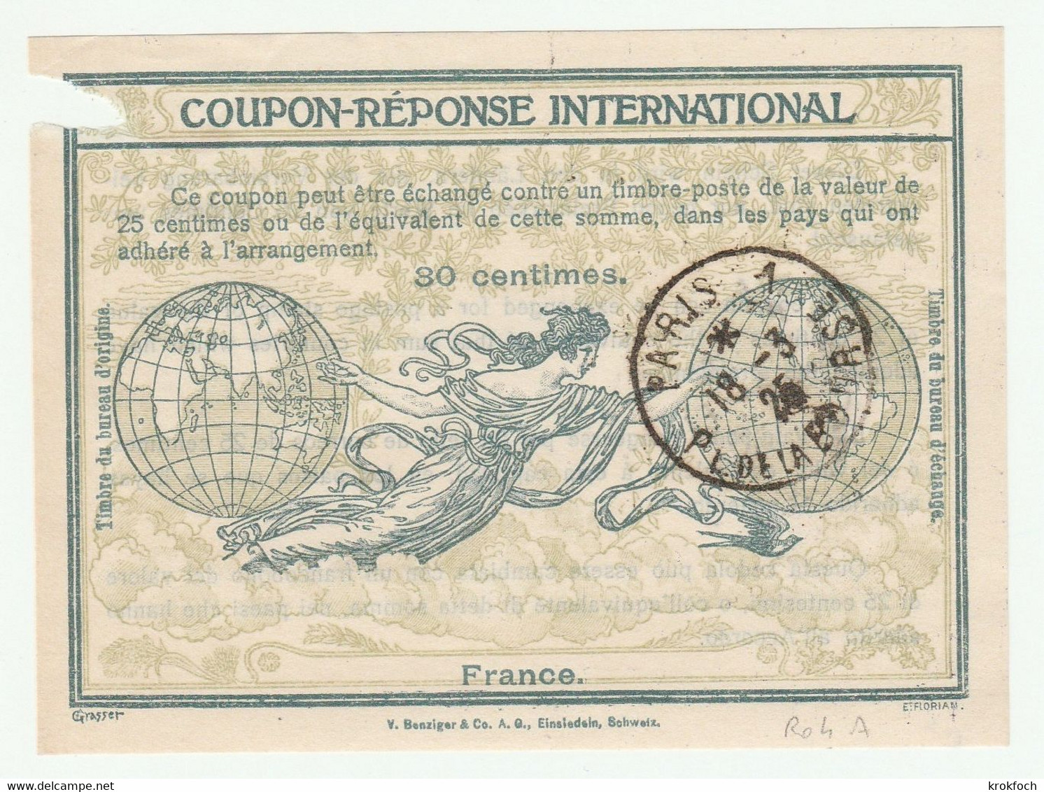 Coupon-réponse France Type Rome 4A - 30 Centimes - !! Déchirure En Haut - Paris 1 Bourse - IRC CRI IAS - Coupons-réponse