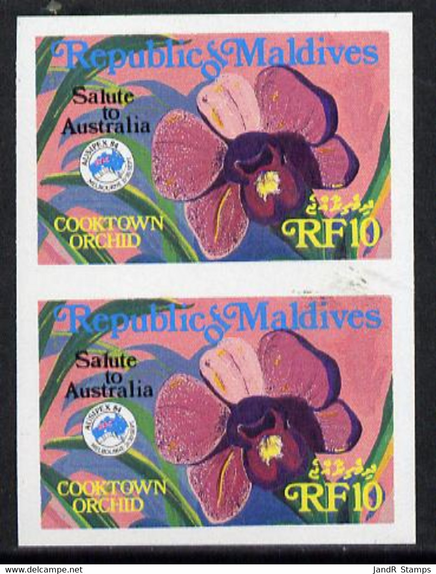 Maldive Islands 1984 'Ausipex' Stamp Exhibition Orchids 10Fr Imperf Pair - Maldives (...-1965)