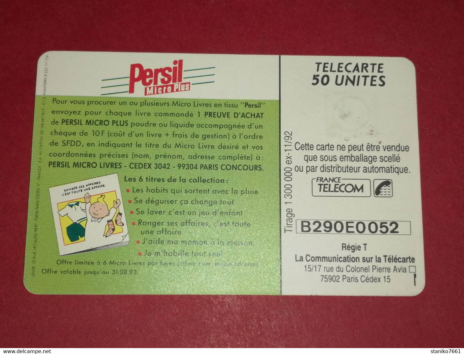 TELECARTE 50 UNITES PUBLICITAIRE MICRO LIVRES PERSIL 11 / 1992 1 300 000 EX - 1992