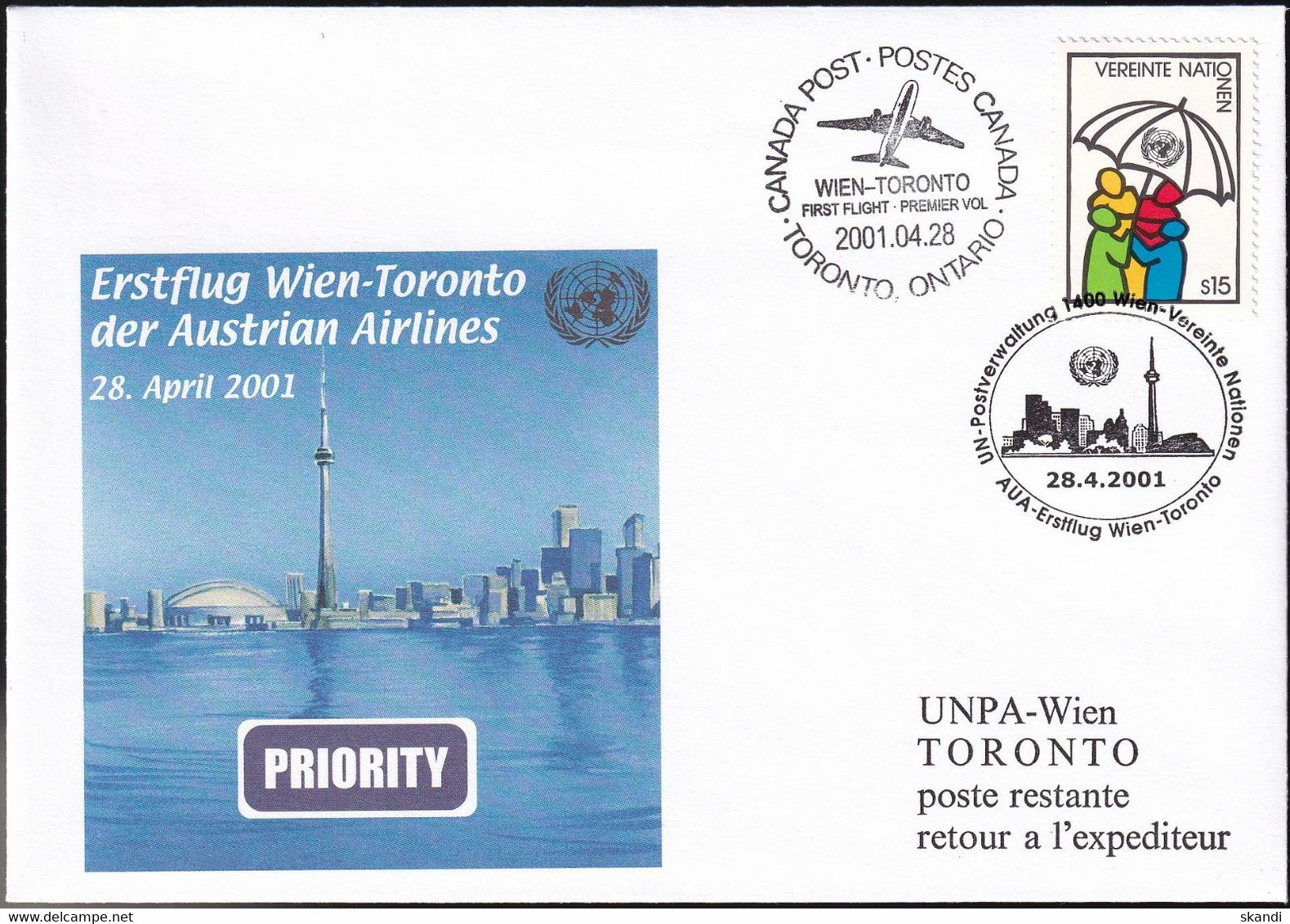 UNO WIEN 2001 Erstflug Wien - Toronto Brief - Cartas & Documentos