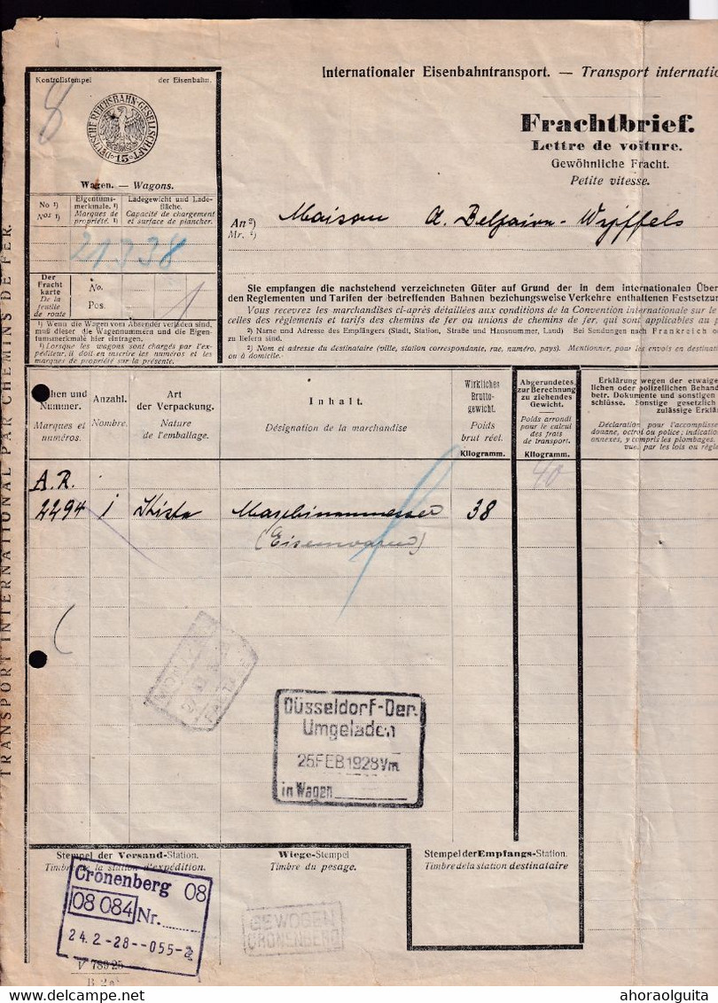 DDZ 290 --  CANTONS DE L'EST - Document De Transport Allemand - CRONENBERG 1928 Via MONTZEN Factage Vers ROESELARE - Other & Unclassified