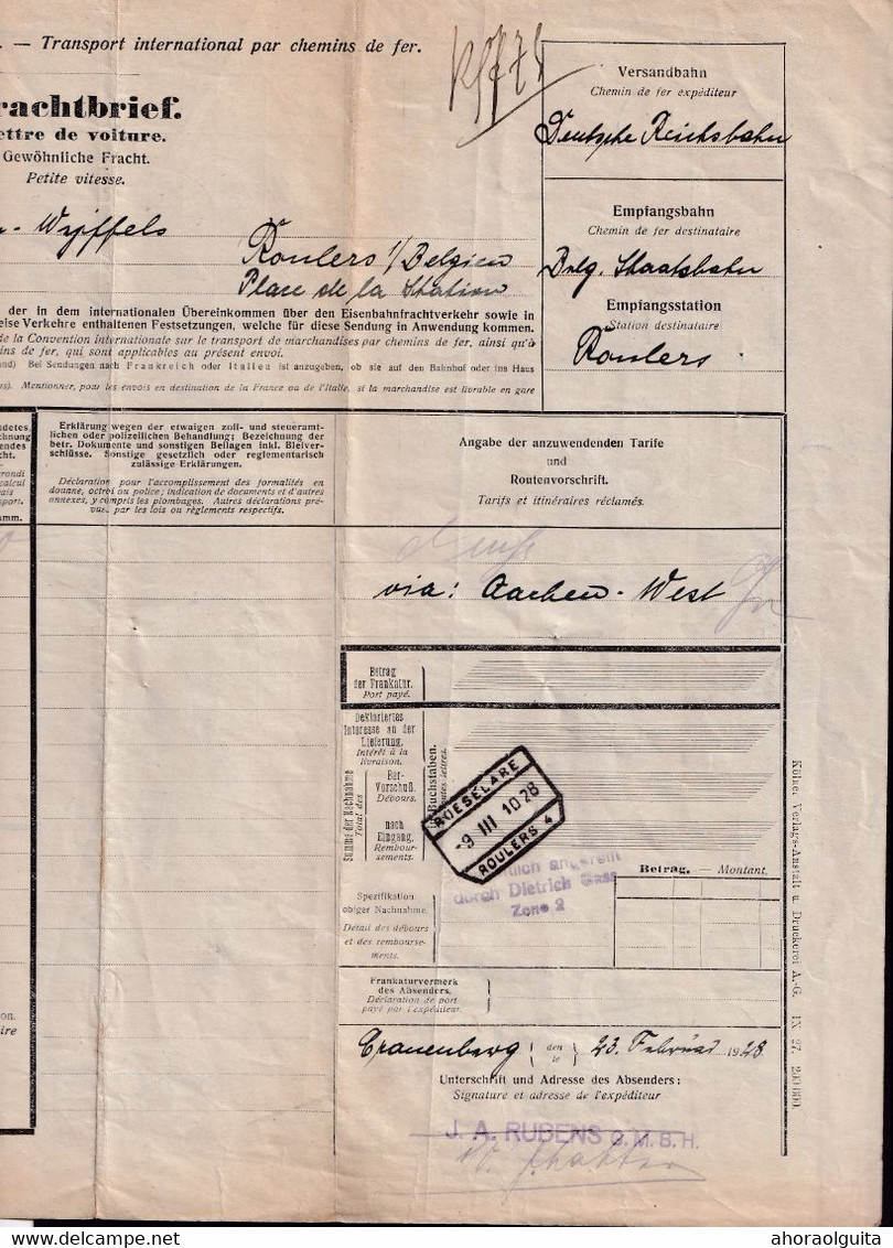 DDZ 290 --  CANTONS DE L'EST - Document De Transport Allemand - CRONENBERG 1928 Via MONTZEN Factage Vers ROESELARE - Autres & Non Classés