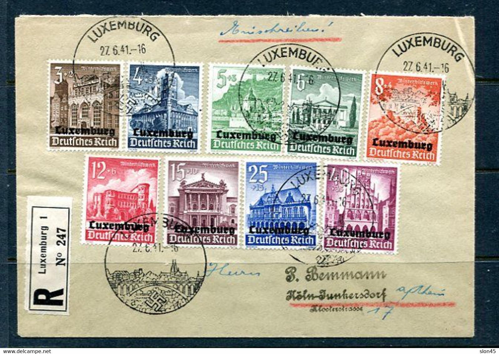 Luxembourg  German Occ. 1941 WWII Register Cover  Mi 33-41 Full Set 10757 - 1940-1944 German Occupation