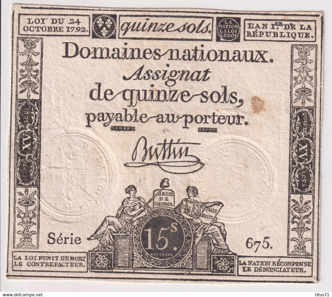 Assignat De Quinze Sols / 15 Sols - 24 Octobre 1792 - Série 675 - Très Bon état - Assignate