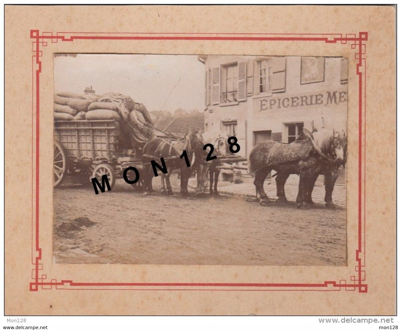 Anciennes (Av. 1900) - PHOTO TIRAGE ALBUMINE 12X9 CMS COLLEE SUR CARTON  DUR-CHARETTE ATTELEE 6 CHEVAUX DEVANT EPICERIE-SAINT GERMAIN EN LAYE ??