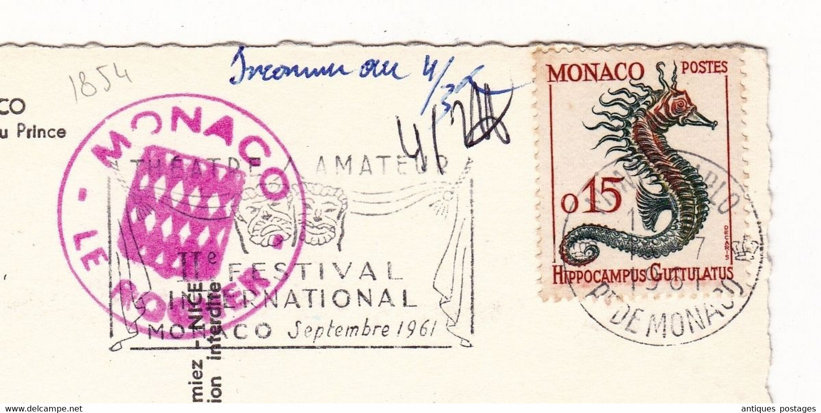 Carte Postale Monaco Le Palais Du Prince Hippocampe 1961 Flamme Théâtre Amateur - Storia Postale