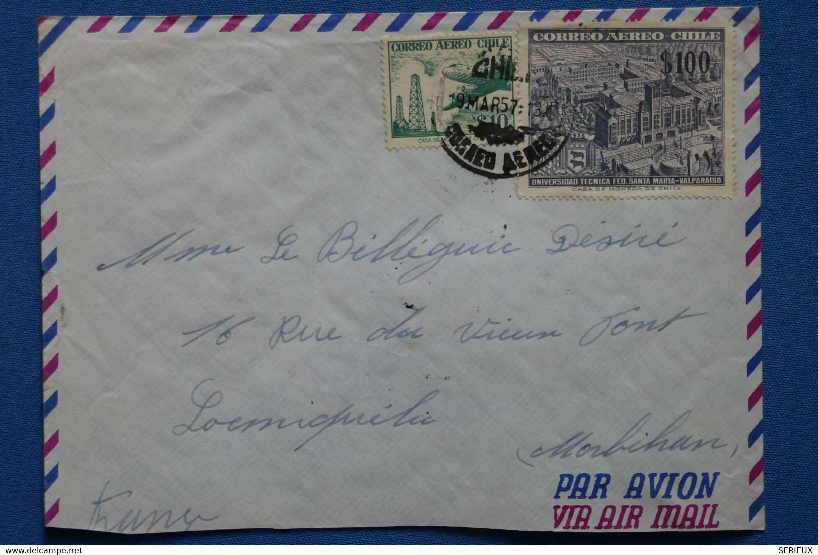 V3 CHILE  BELLE LETTRE  1957 P. AERIENNE CHILI  POUR LOCMIQUELIE FRANCE + 100$  + AFFRANCH. INTERESSANT - Chile