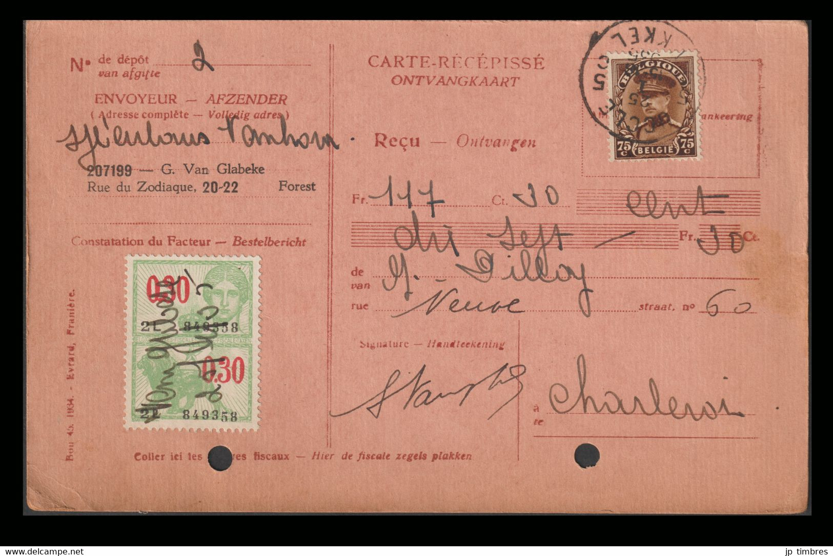 COB 341 (70c) - Obl. UCCLE 5 UKKEL 5 - S/Carte-Récépissé Du 25/1/1935 + 1 Timbre Fiscal De 0.30 Fr. - Documents