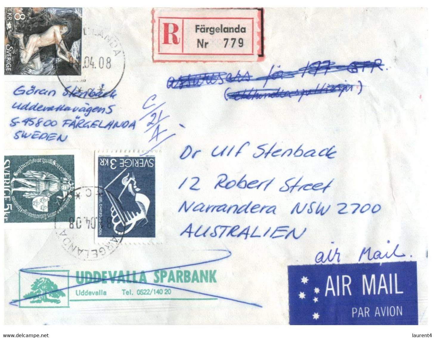 (SS 10) Sweden Letter Posted To Australia (2004 ) - Registered - Insured - - Briefe U. Dokumente