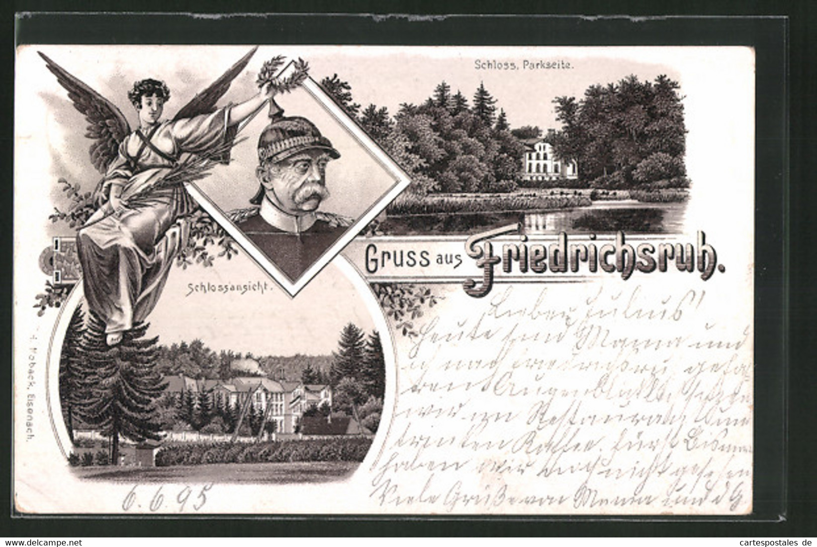 Vorläufer-Lithographie Friedrichsruh, 1895, Schlossansichten, Fürst Bismarck, Engel - Friedrichsruh