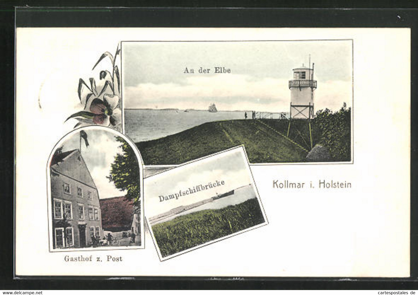 AK Kollmar / Holstein, Gasthaus Zur Post, Dampfschiffbrücke, Leuchtturm An Der Elbe - Damp