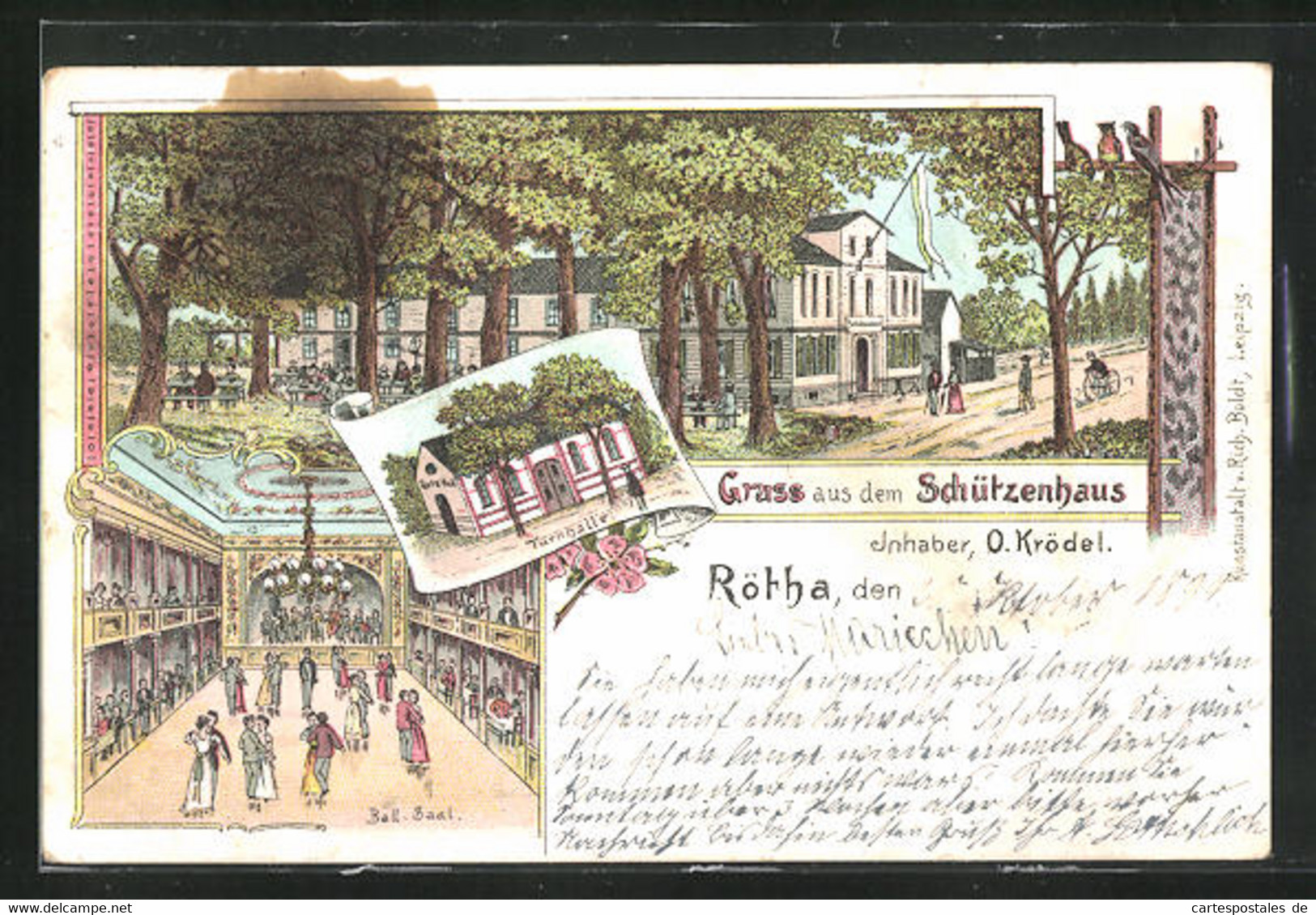 Lithographie Rötha, Gasthaus Schützenhof Mit Ball-Saal Und Turnhalle, Inh. O. Krödel - Roetha