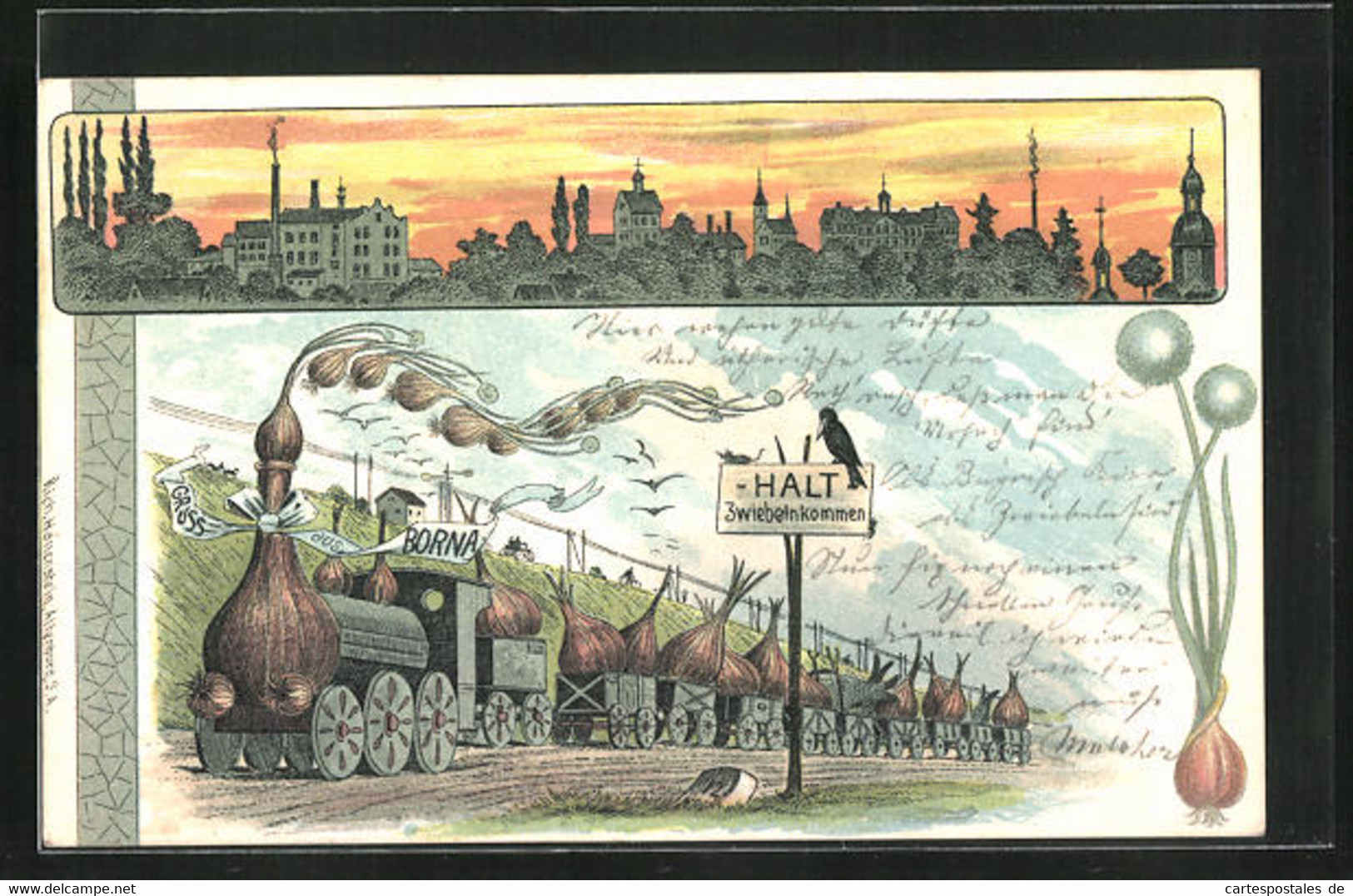 Lithographie Borna, Panorama Und Zwiebelzug Halt Zwiebeln Kommen - Borna