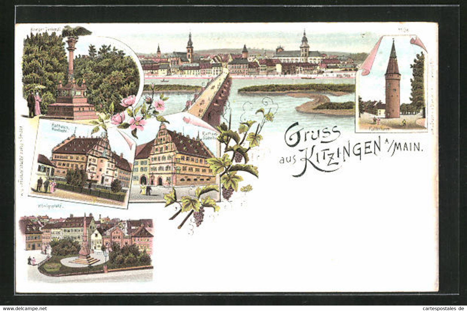 Lithographie Kitzingen A /Main, Rathaus Nordseite, Königsplatz, Krieger-Denkmal - Kitzingen