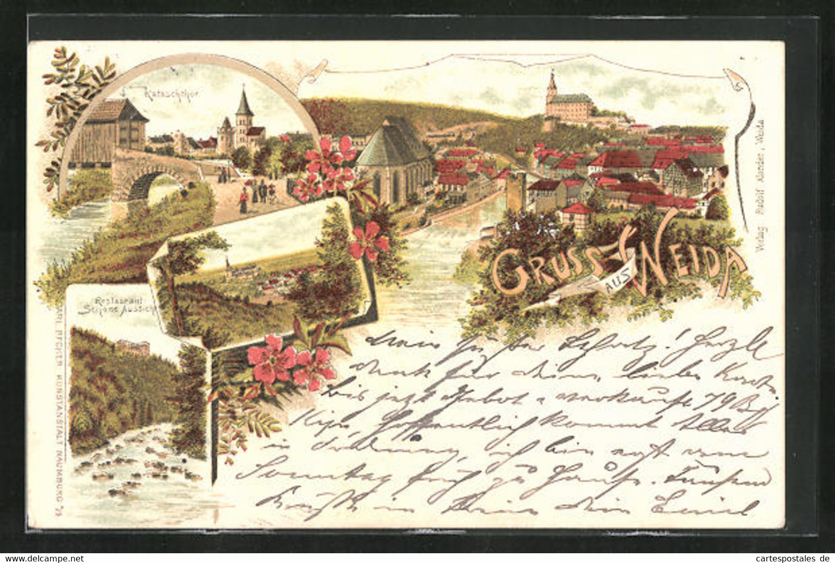 Lithographie Weida, Katzschtor, Restaurant Schöne Aussicht - Weida