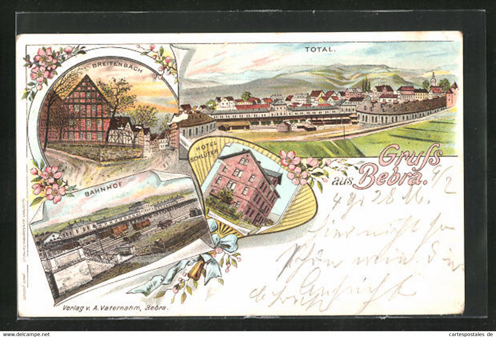 Lithographie Bebra, Hotel Schlüter, Bahnhof, Breitenbach - Bebra