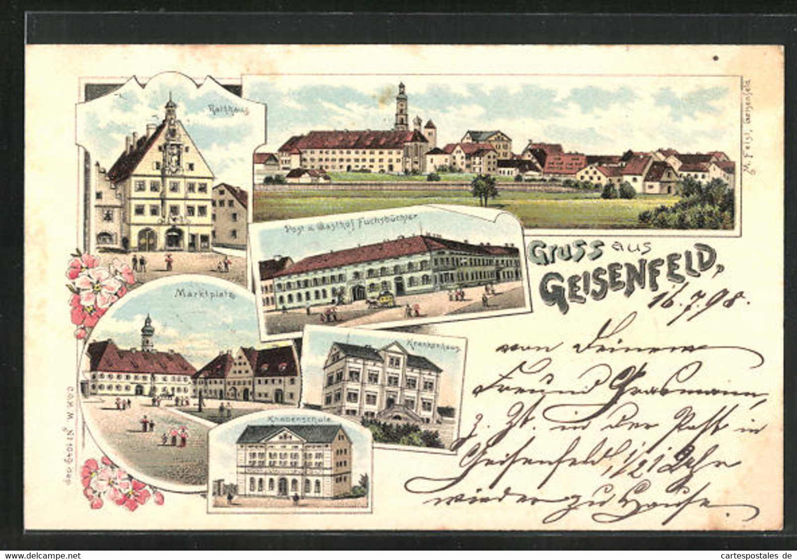 Lithographie Geisenfeld, Post U. Gasthof Fuchsbüchler, Totalansicht, Rathaus, Marktplatz, Krankenhaus, Knabenschule - Geisenfeld