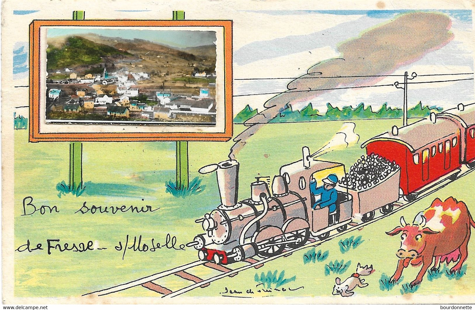 88 - Bon Souvenir De Fresse Sur Moselle / Jolie Carte Fantaisie (Train, Vache) - Fresse Sur Moselle