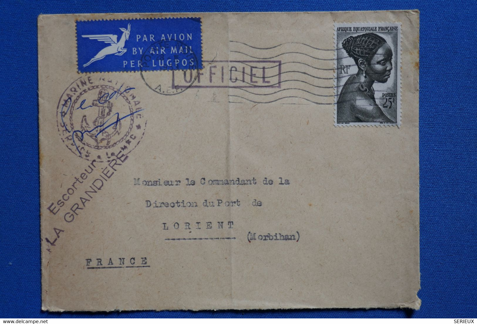 G19 AEF BELLE LETTRE RARE 1952  COURRIER OFFICIEL ESCORTEUR LA GRANDIERE A  LORIENT  + AFFRANCH INTERESSANT - Storia Postale
