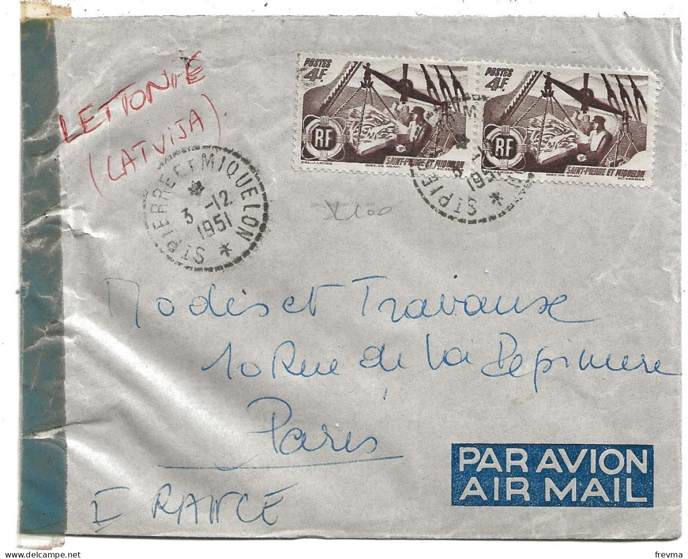 Enveloppe Saint Pierre Et Miquelon  Obliteration Saint Pierre Et Miquelon Poste Aerienne 1951 - Used Stamps