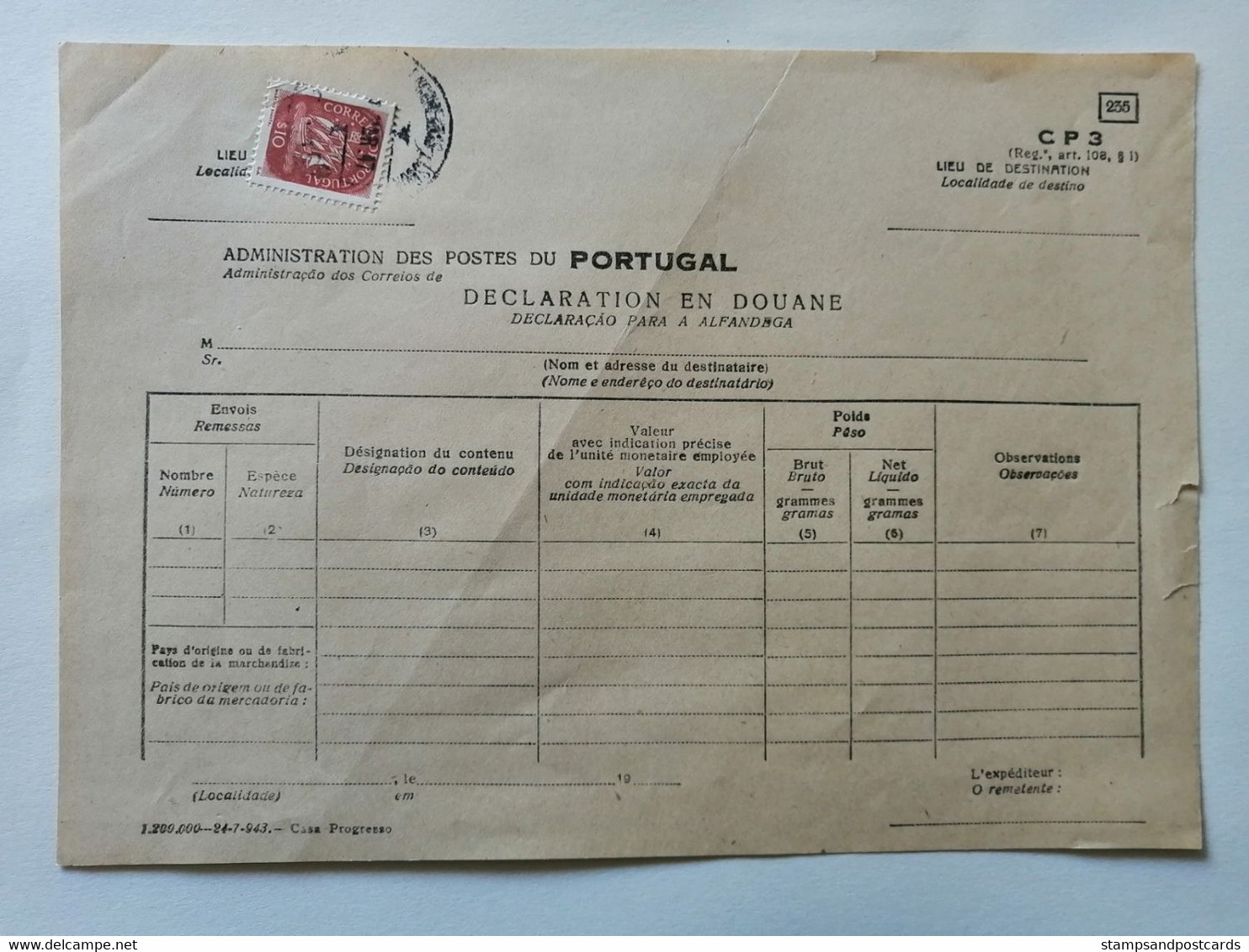 Portugal Declaration Douane Pré-timbré Caravelle 1943 Export Customs Declaration Pre-stamped - Briefe U. Dokumente