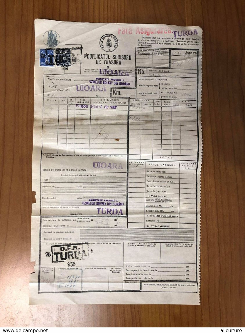 A8731- RAILWAY TRANSPORTATION WAYBILL, FROM TURDA TO UIOARA, AVIATION AND STATISTICAL STAMPS, 1938, ROMANIA - Auto's