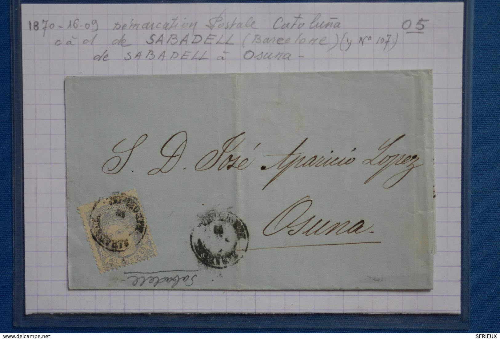 V6 ESPAGNE BELLE LETTRE  1870 SABADELL   POUR OSUNA   + AFFRANCH. INTERESSANT - Covers & Documents