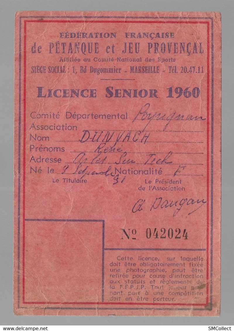 Marseille. Fédération Française De Pétanque Et Jeu Provençal, Carte Licence Senior 1960. En L'état, Voir Scans (10356) - Pétanque