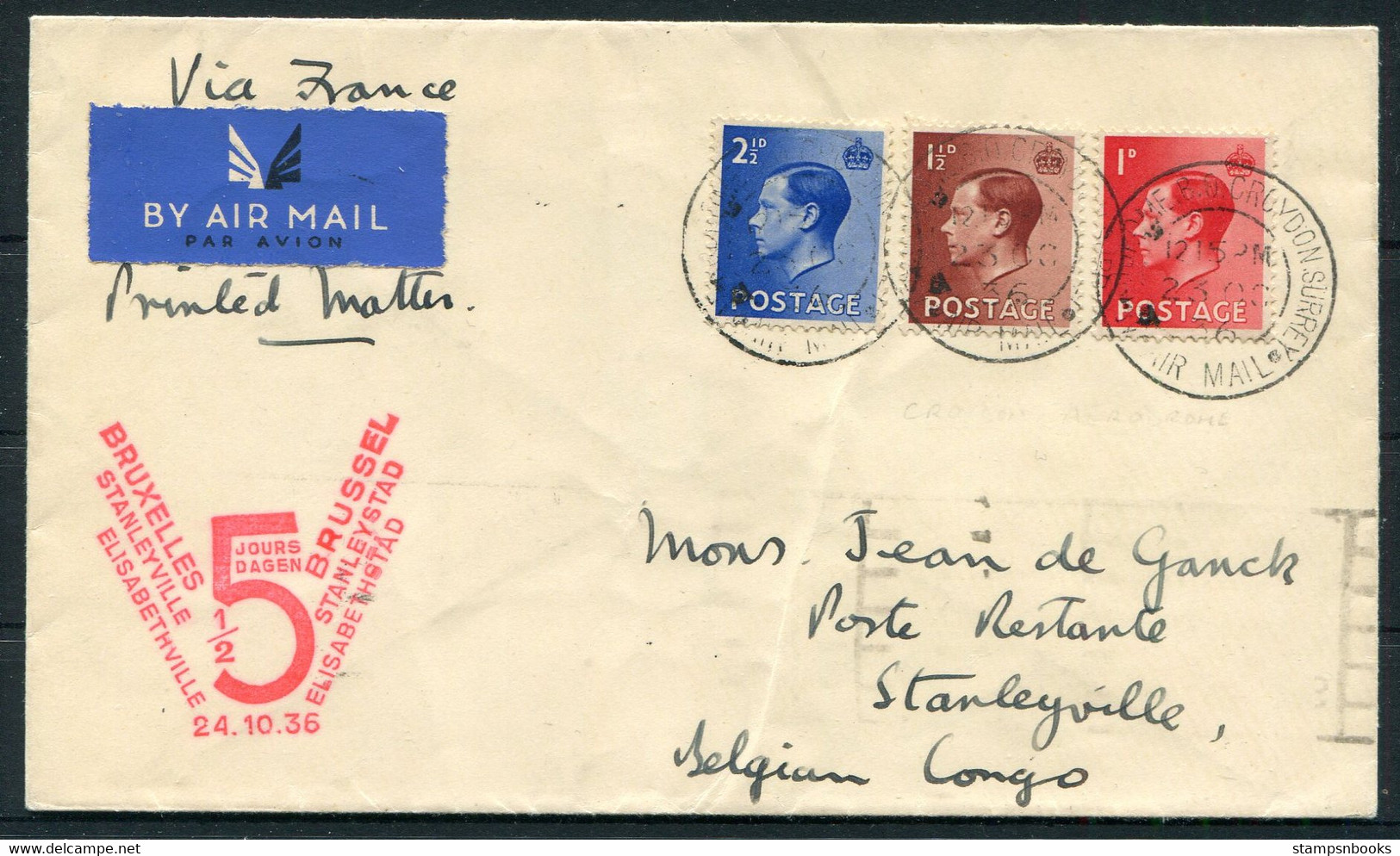1936 (Oct 23rd) Croydon Aerodrome Air France / SABENA First Flight Airmail Cover - Stanleyville,Belgian Congo Via Paris - Covers & Documents