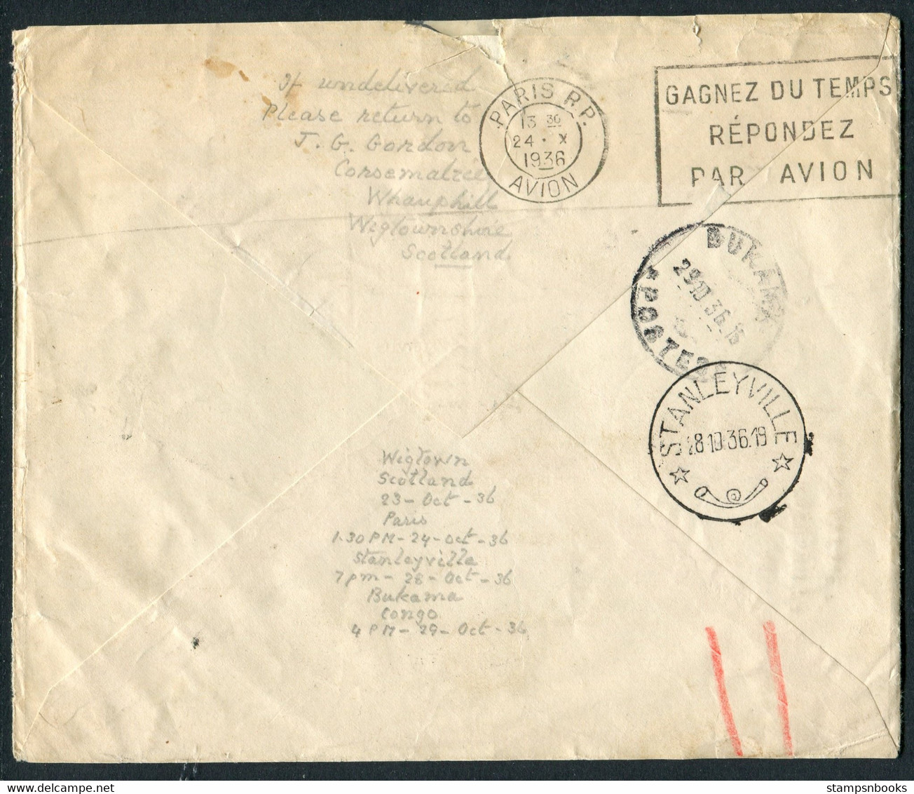 1936 (Oct 23rd) GB Wigtown Air France / SABENA First Flight Airmail Cover - Bukama,Stanleyville,Belgian Congo Via Paris - Brieven En Documenten