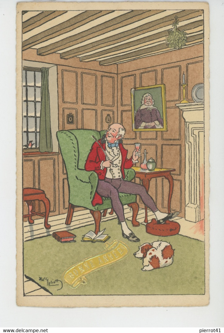 Illustrateur ELLIOT - Jolie Carte Fantaisie Homme Assis Dans Fauteuil Avec Chien De Chasse à Ses Pieds "Bonne Année " - Elliot