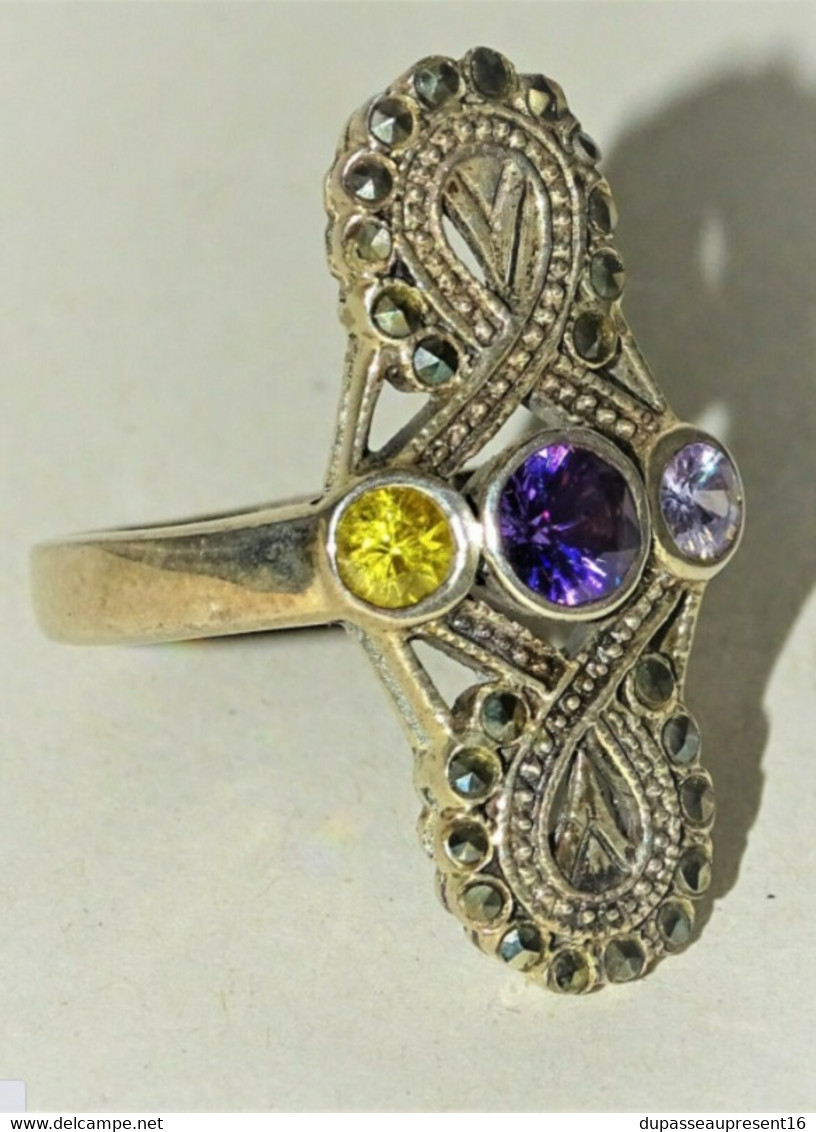 BELLE ANCIENNE BAGUE MARQUISE ARGENT 925e & MINERVE 3 PIERRES Et Marcassites XXe - Bagues