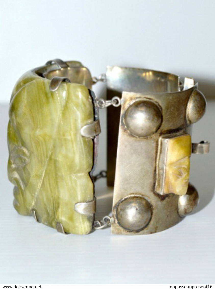 SUPERBE ANCIEN BRACELET MANCHETTE ARGENT 925e SILVER MEXICO Et PIERRE ONYX XXe COLLECTION VITRINE - Bracelets