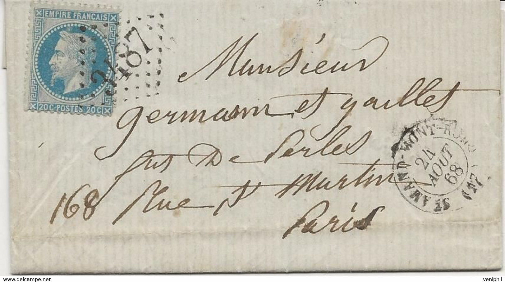 PETITE LETTRE AFFRANCHIE N° 29 - OBLITEREE  GROS CHIFFRES 3487 + CAD ST AMAND MONTROND 1868 - 1849-1876: Klassik