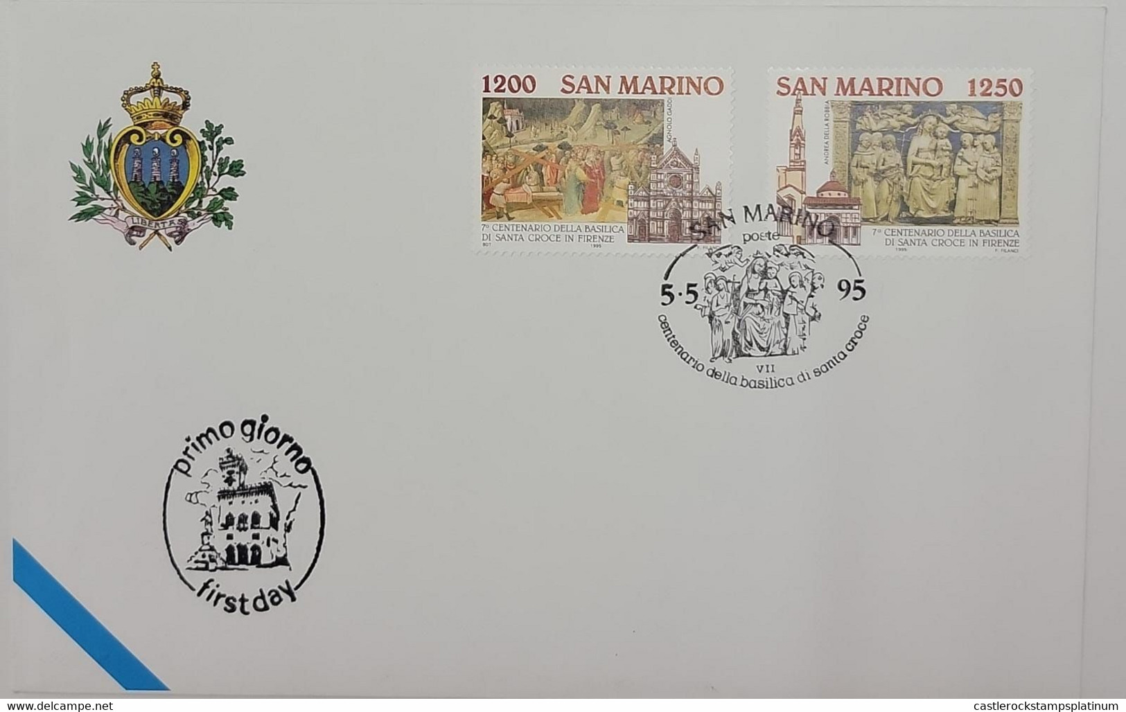 A) 1995, SAN MARINO, CENTENARY OF THE BASILICA OF THE HOLY CROCE OF FLORENCE, FDC, FINDING OF THE HOLY CROSS, VIRGIN WIT - Cartas & Documentos