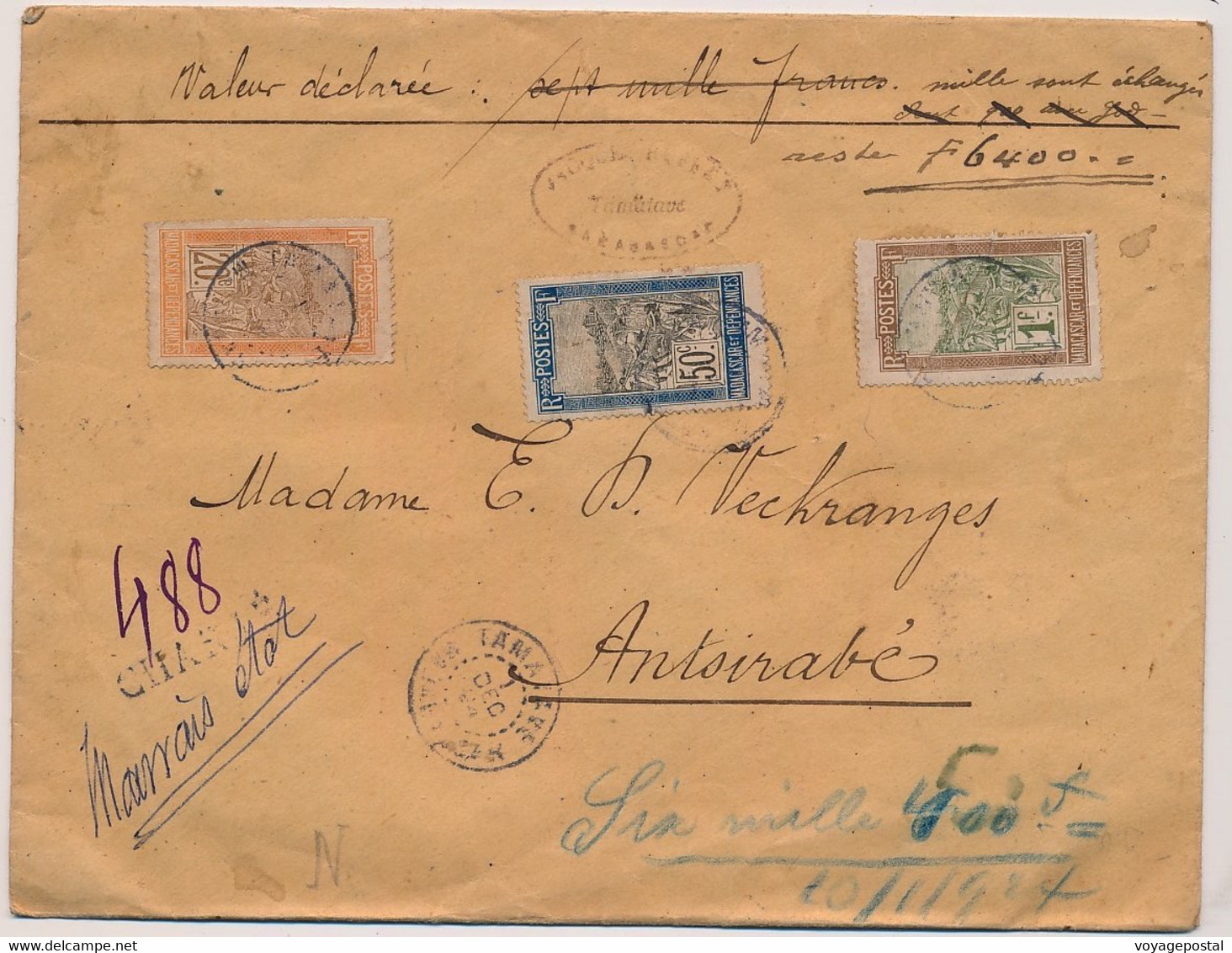 LETTRE CHARGÉE MADAGASCAR TAMATAVE 20,50 ET 1F ANTSIRABÉ LOCAL 1924 - Briefe U. Dokumente