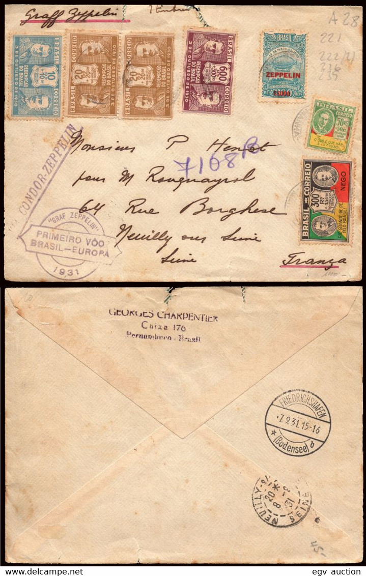 Brasil - Yv.221,222(2)... - 1931 De "Pernambuco 20/8/31" A Francia + Marca "Graf Zeppelin - Primeiro Voo - Brasil - .." - Airmail (Private Companies)