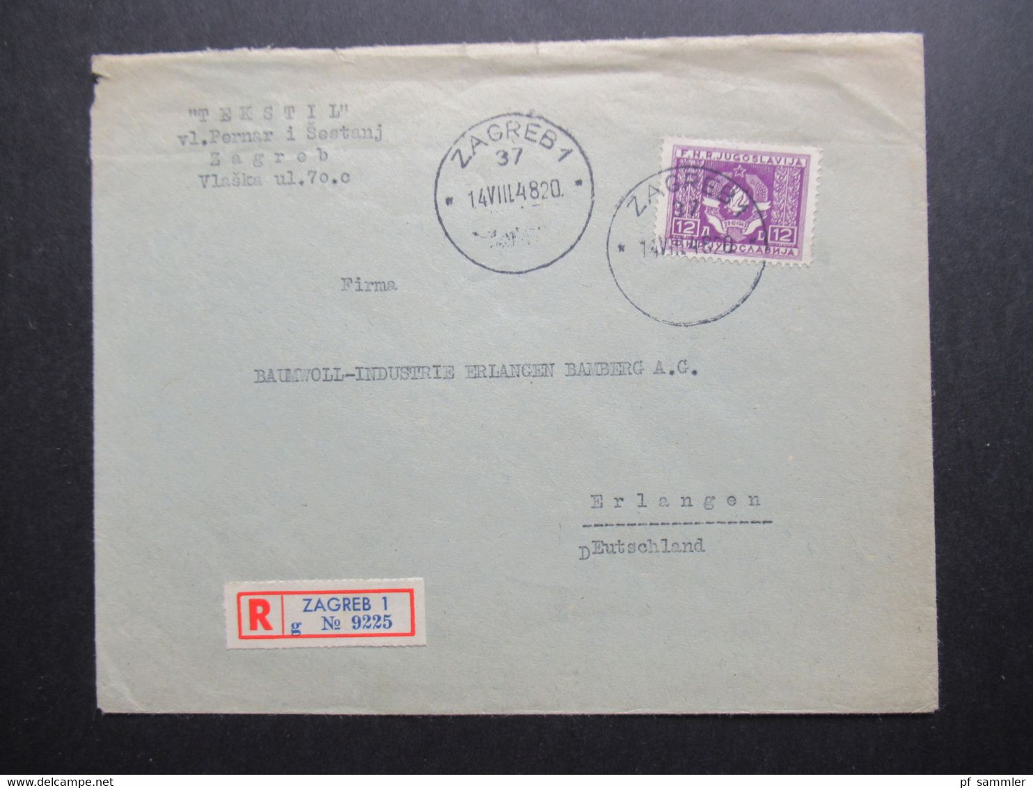 Jugoslawien 1948 Dienstmarke Nr.12 EF Tekstil Zagreb Einschreiben Zagreb 1 Nach Erlangen Mit Ank. Stempel - Covers & Documents