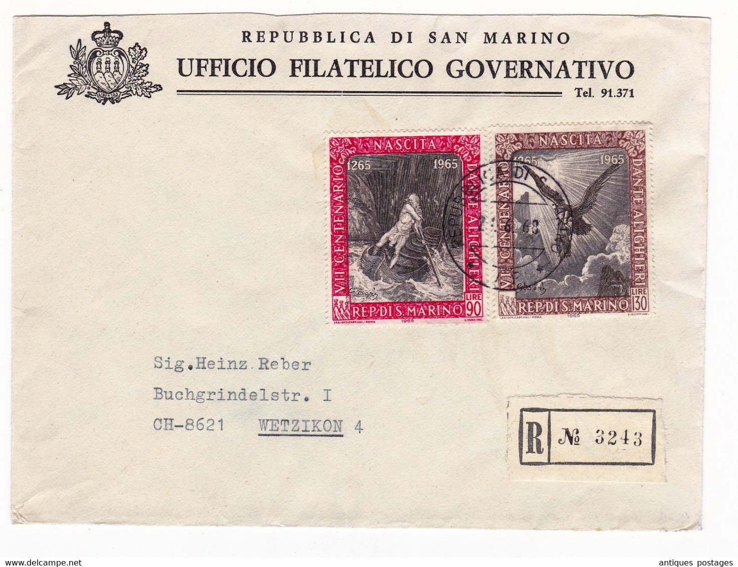 Lettre Recommandée 1968 San Marino San Marin Wetzikon Suisse Ufficio Filatelico Governativo Gustave Doré - Briefe U. Dokumente