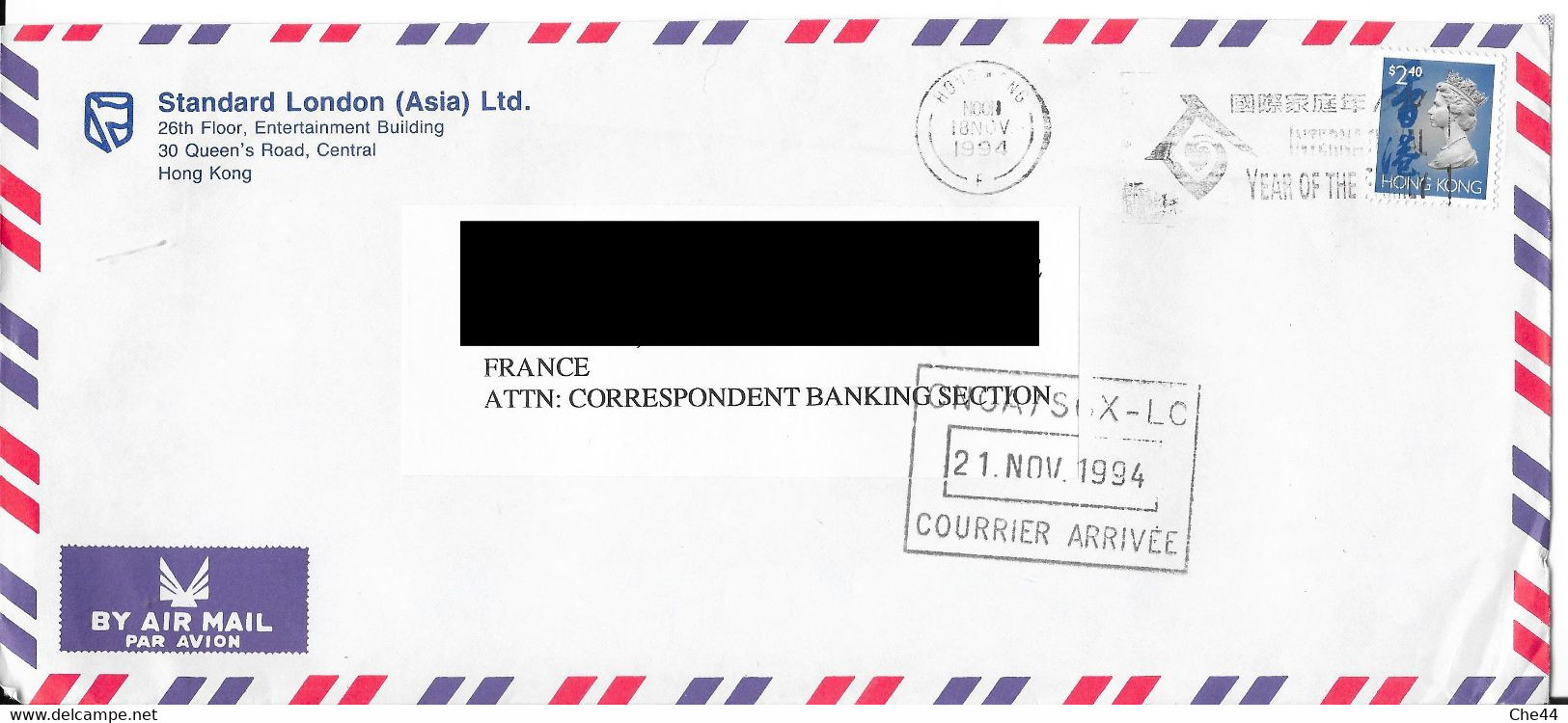 Lettre De Hong Kong Pour La France. (Voir Commentaires) - Cartas & Documentos