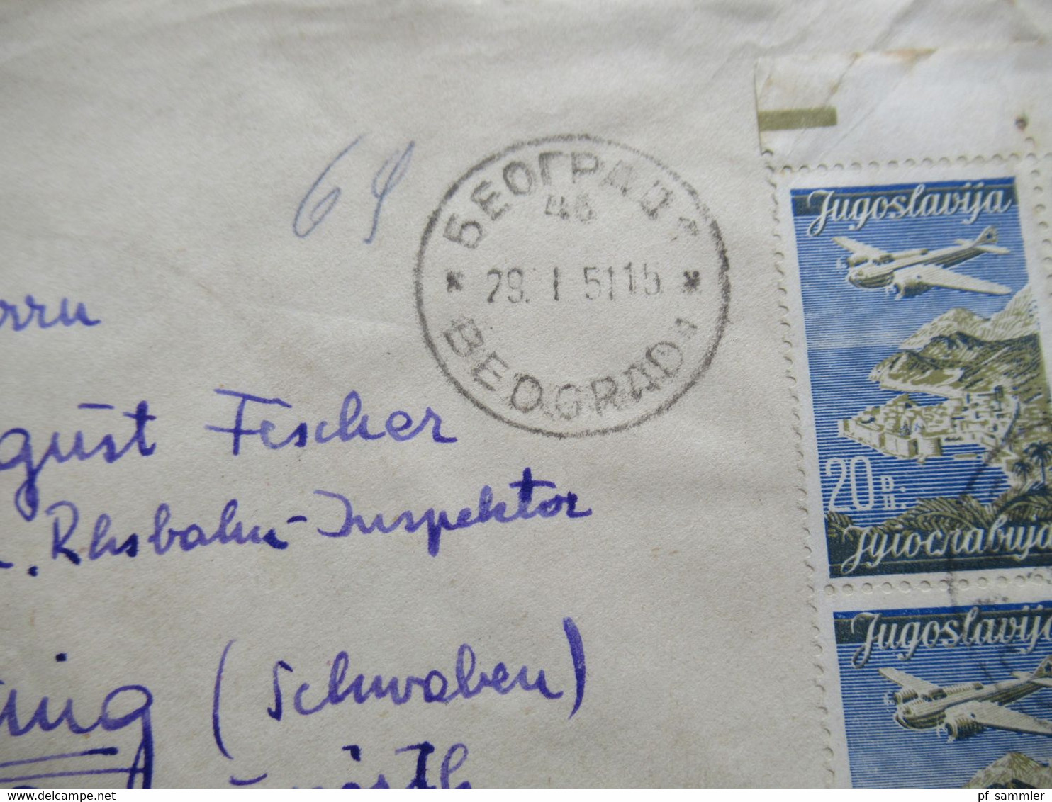 Jugoslawien 1947 / 51 Flugpostmarke Nr. 520 (4) MeF Einschreiben Beograd 1 Nach Otting Mit Rotem Dreieck Zensurstempel - Covers & Documents