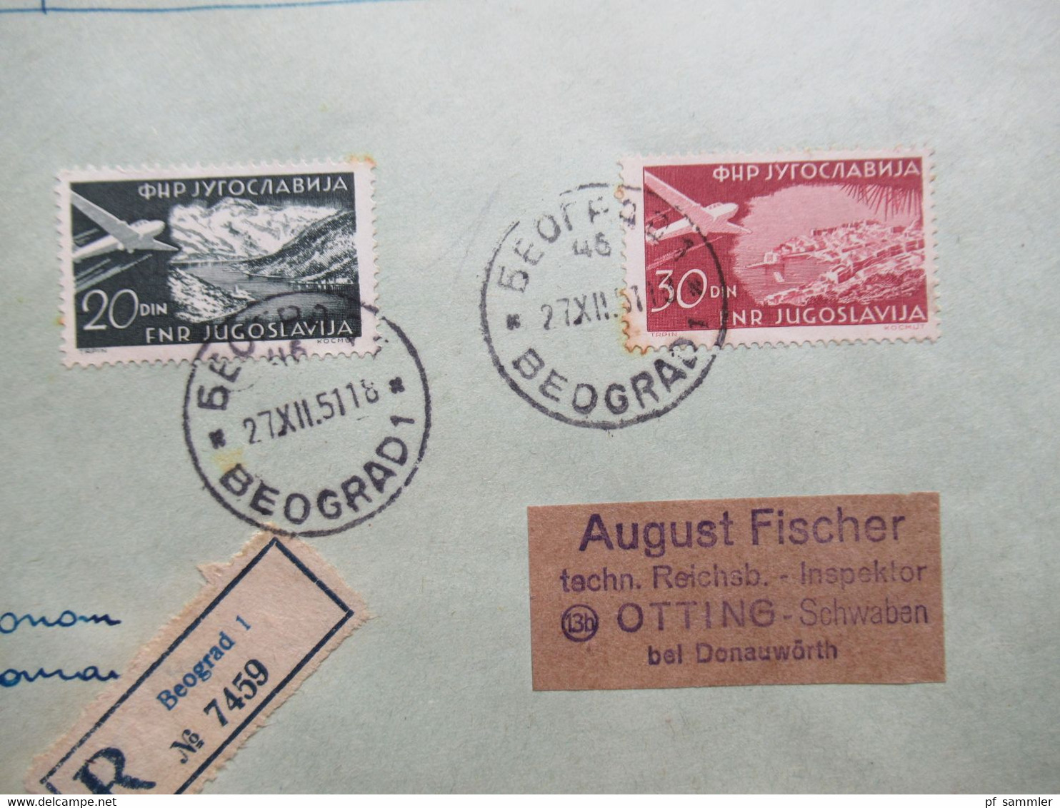 Jugoslawien 1951 Flugzeuge über Landschaften Nr.649/650 Einschreiben Beograd 1 Nach Otting Roter Dreieck Zensurstempel - Storia Postale