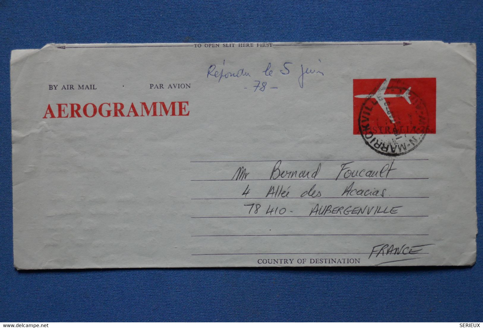 V18 AUSTRALIA BELLE LETTRE AEROGRAMME 1978 PAR AVION  POUR AUBERGENVILLE FRANCE  +AFFRANCHISSEMENT INTERESSANT - Brieven En Documenten